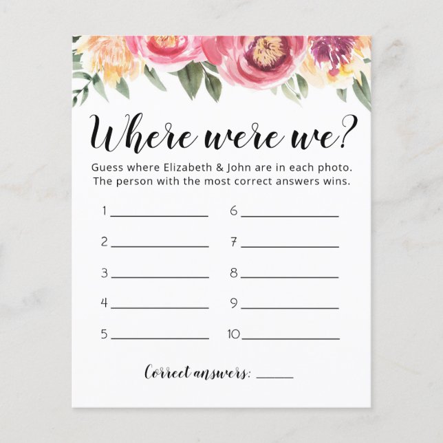 Editable Where Were We Bridal Shower game (Front)