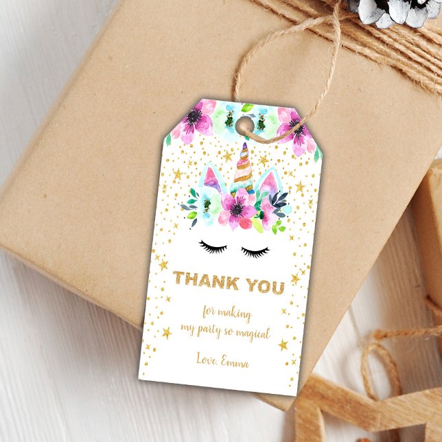 Editable Whimsical Favor Labels (Green Floral Unicorn Birthday Gift Tags)
