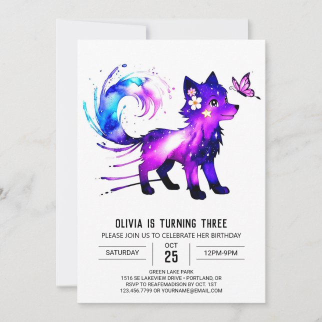 Editable Whimsical Wolf Digital Girl Birthday Invitation (Front)