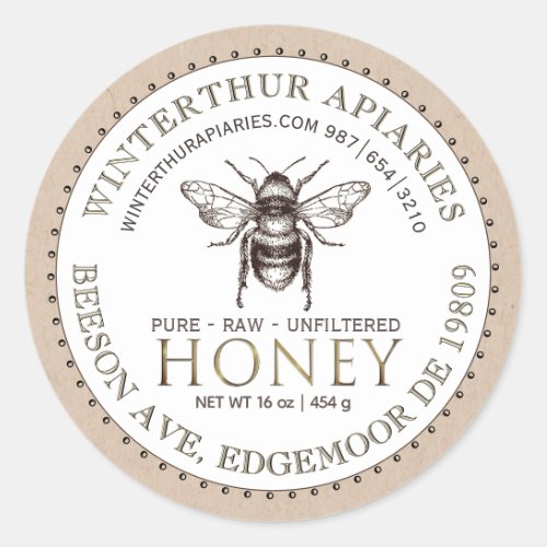 Editable White and Kraft Honey Jar Bee Label 