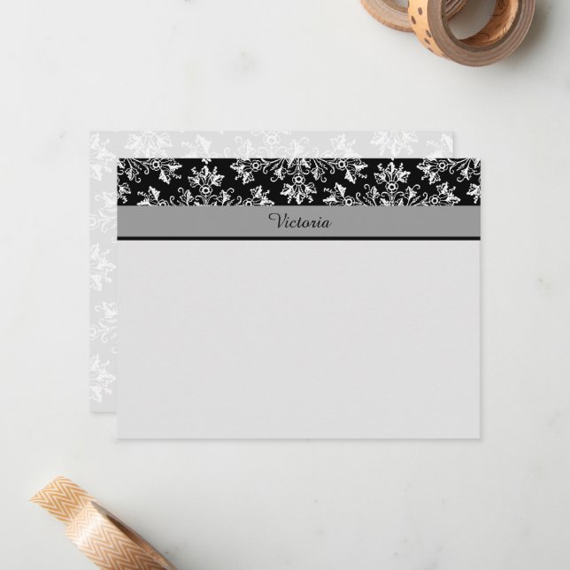 Editable White Black Damask Floral 4.25x5.5 Note Card (Front/Back In Situ)