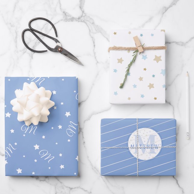 Editable White & Blue Monogram Newborn Baby Wrappi Wrapping Paper Sheets (Front)