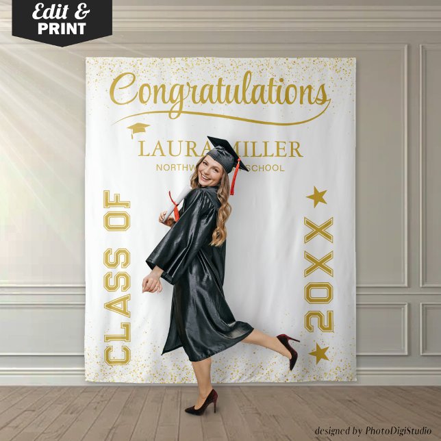 Editable White & Gold Graduation Photo Backdrop (Editable White & Gold Graduation Photo Backdrop)