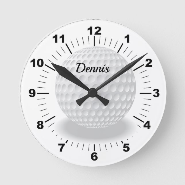 Editable White Golf Ball With Name Round Clock (Front)
