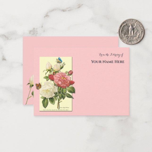 Editable White Red Roses Library of 3.5x2.5 Note Card (Front/Back In Situ)