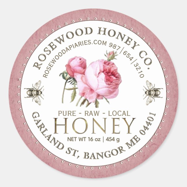 Editable White Rose Kraft Honey Jar Bee Label  (Front)