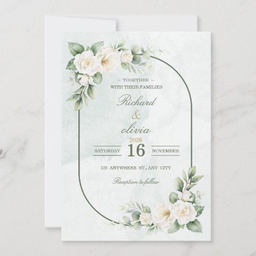 Editable White Rose &amp; Sage Green Floral Arch Weddi Invitation
