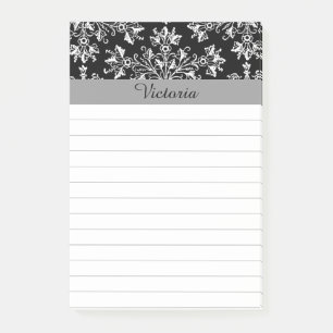 Editable White Vintage Damask Floral Lined Stickie Post-it Notes