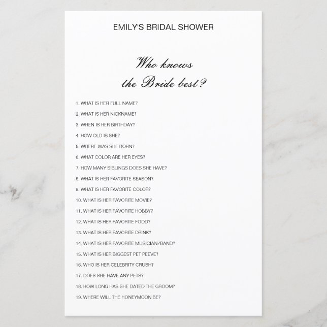 Editable Who Knows Bride Best Bridal Shower Game (Front)