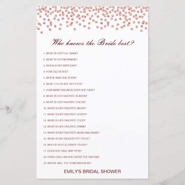 Editable Who Knows Bride Best Bridal Shower Game (Front)