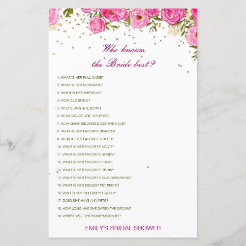 Editable Who Knows Bride Best Bridal Shower Game