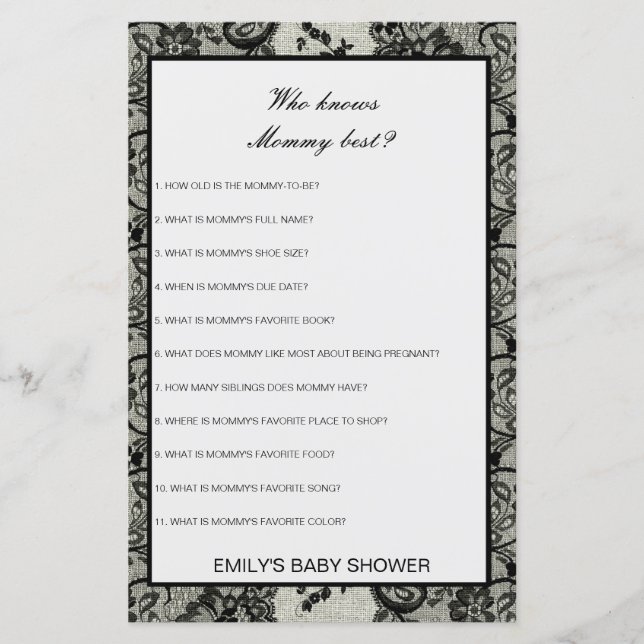 Editable Who Knows Mommy Best Baby Shower Game (Front)