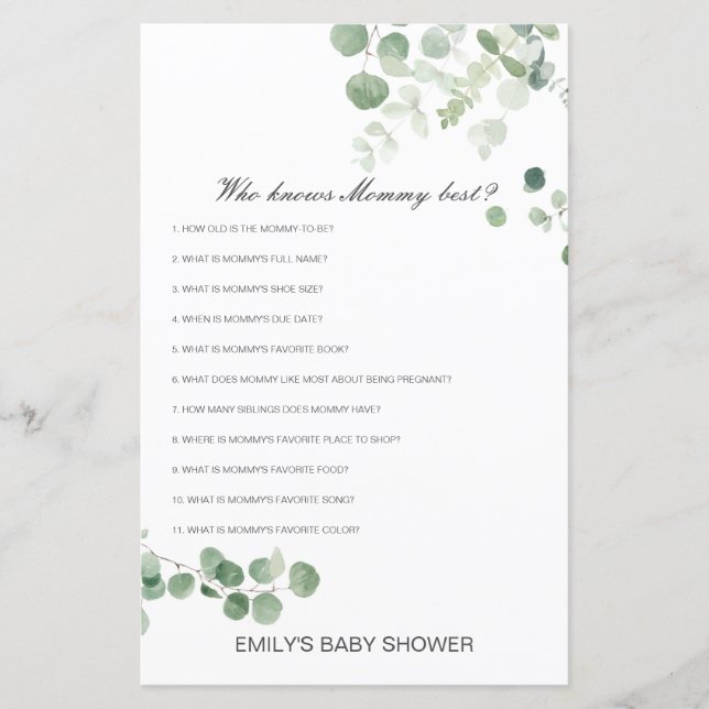 Editable Who Knows Mommy Best Baby Shower Game (Front)
