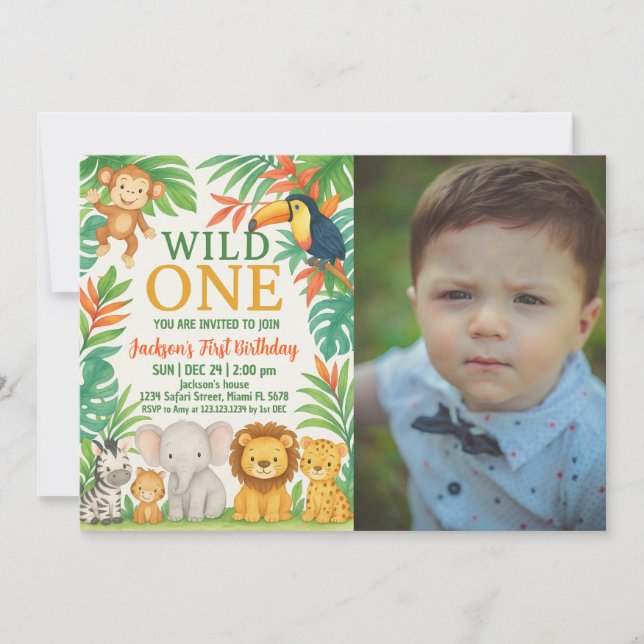 Editable Wild One Safari Birthday Invitation (Front)