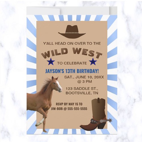 Editable Wild West Cowboy Birthday  Invitation