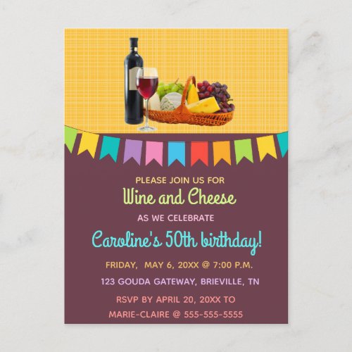 Editable Wine and Cheese Birthday Party Invitation Postcard