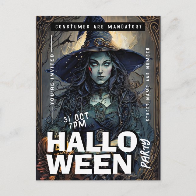 Editable Witch Halloween Party Invitation Postcard (Front)