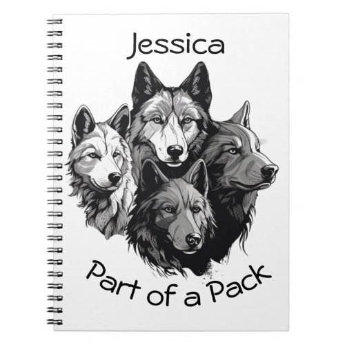 Editable Wolf Pack Graphic Black and White Wolves  Notebook