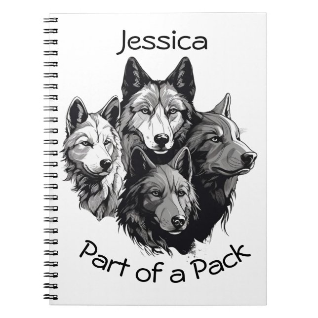Editable Wolf Pack Graphic Black and White Wolves  Notebook (Front)