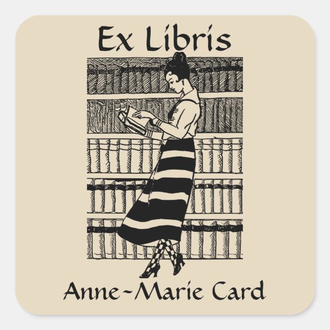 Editable Woman Reading in a Library Bookplate (Front)
