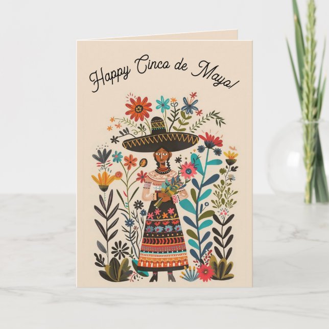 Editable Woman With Hat and Flowers Cinco de Mayo Card (Front)