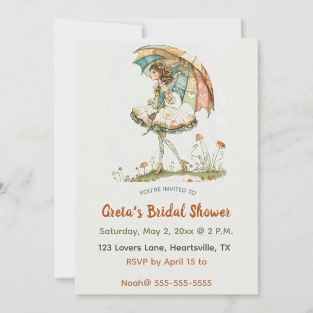 Editable Woman With Umbrella Bridal Shower Invitation (Front)