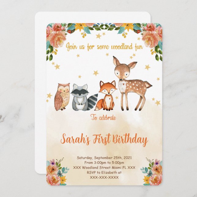 Editable Woodland Birthday Invitation (Front/Back)