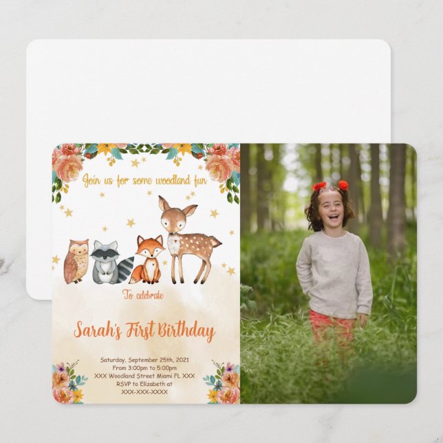 Editable Woodland Birthday Photo Invitation (Front/Back)