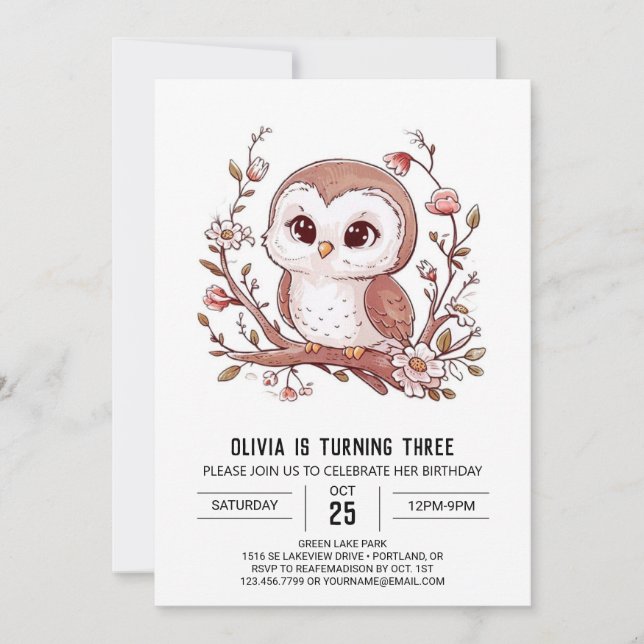 Editable Woods Digital Owl Birthday Invitation (Front)