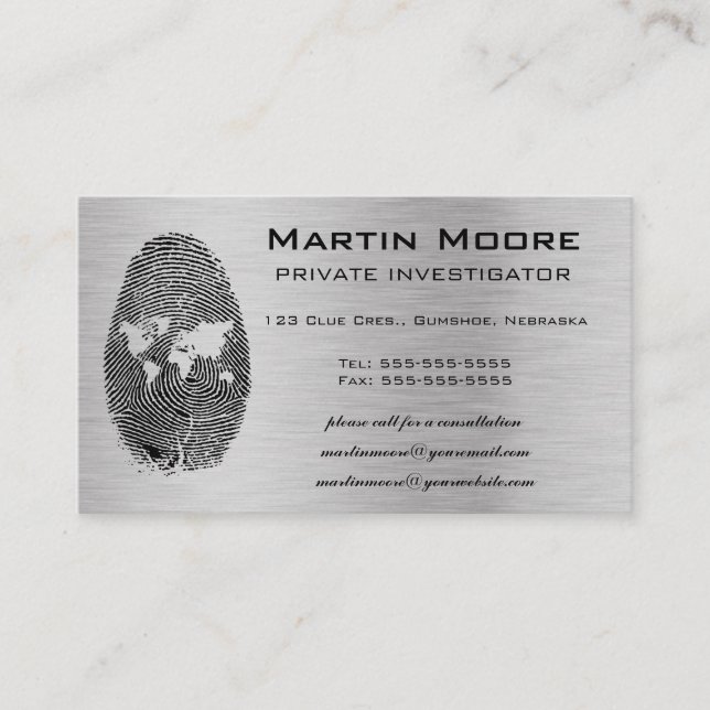 Editable World Fingerprint Private Detective Business Card (Front)