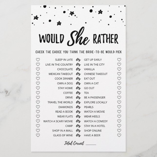 Editable Would She Rather Bridal Shower game (Front)