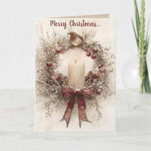 Editable Wreath Candle and Bird Merry Christmas Card