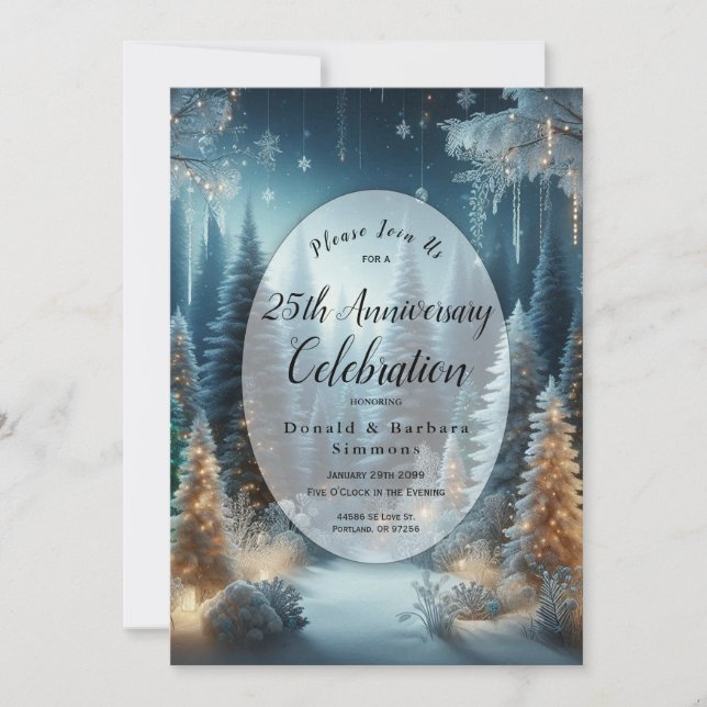 Editable Year Frosted Pines in Winter Glow  Invitation (Front)