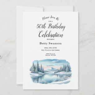 Editable Year Snowy Mountain Winter Lake Birthday Invitation