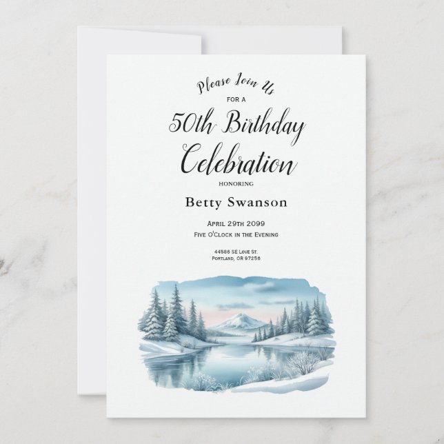 Editable Year Snowy Mountain Winter Lake Birthday Invitation (Front)