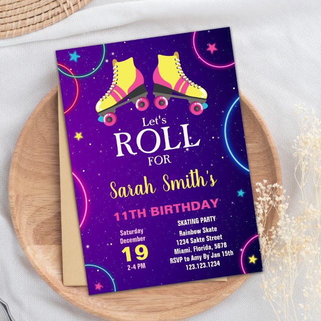 Editable Yellow & Pink Roller Skate Party Invite (Yellow Pink Skating Birthday Invitations)