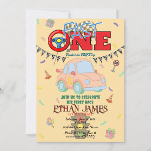 Editable yellow Racing Boy 1st Birthday Invitation
