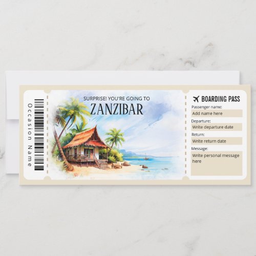 Editable Zanzibar Tanzania Plane Boarding Pass Invitation