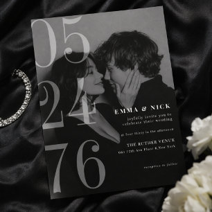 Editorial Bold Date Black White Wedding Invitation