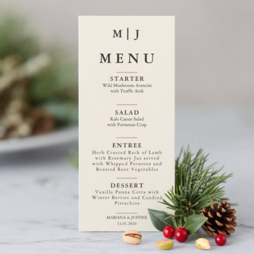 Editorial Minimalist Winter Wedding Monogram  Menu