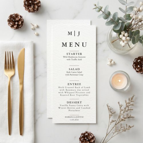Editorial Minimalist Winter Wedding Monogram  Menu