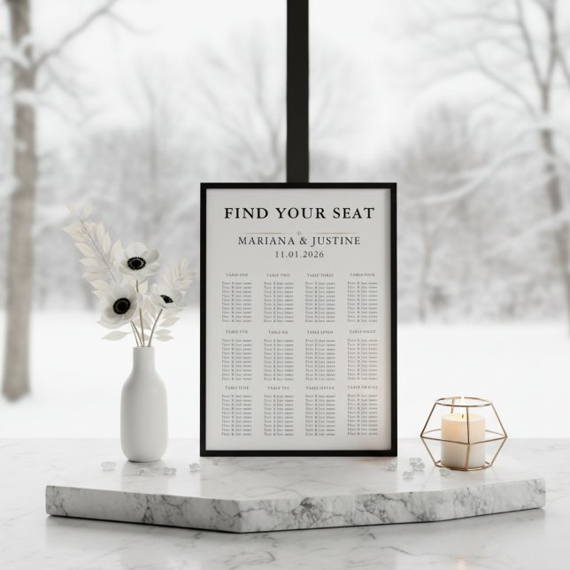 Editorial Minimalist Winter Wedding Seating Chart  (Editorial Minimalist Winter Ivory Wedding Seating Chart)