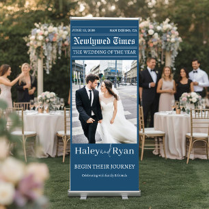 Editorial Newspaper Wedding Welcome, Navy Blue Retractable Banner