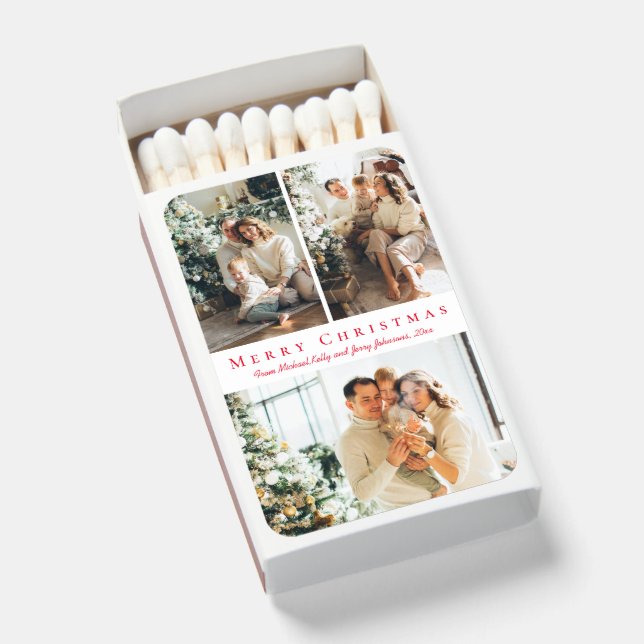 Editorial Red Script Christmas 3 Photo Collage Matchboxes (Front Open)