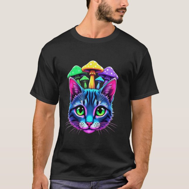 EDM Rave Trippy Cat Mushroom Psychedelic Festival T-Shirt (Front)