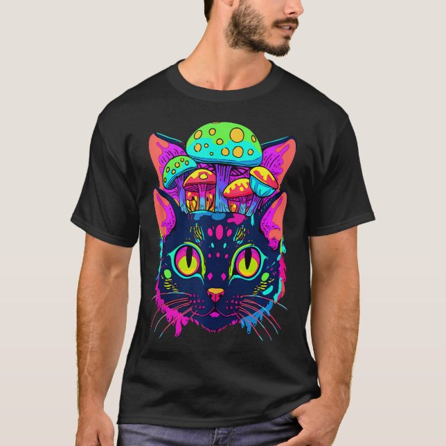 Edm Rave Trippy Cat Mushroom Psychedelic Festival T-Shirt (Front)