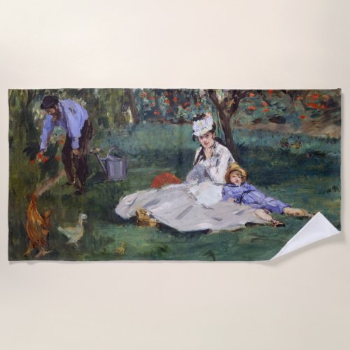 Edouard Manet _ The Monet family in their garden Beach Towel