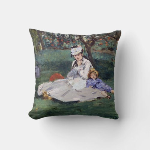 Edouard Manet _ The Monet family in their garden Throw Pillow