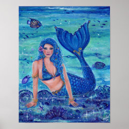 Edreana Blue Mermaid with tropical fish by Renee Poster
