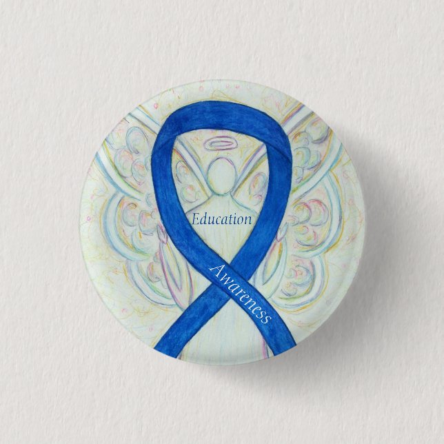 Education Angel Blue Awareness Ribbon Art Pin (Front)
